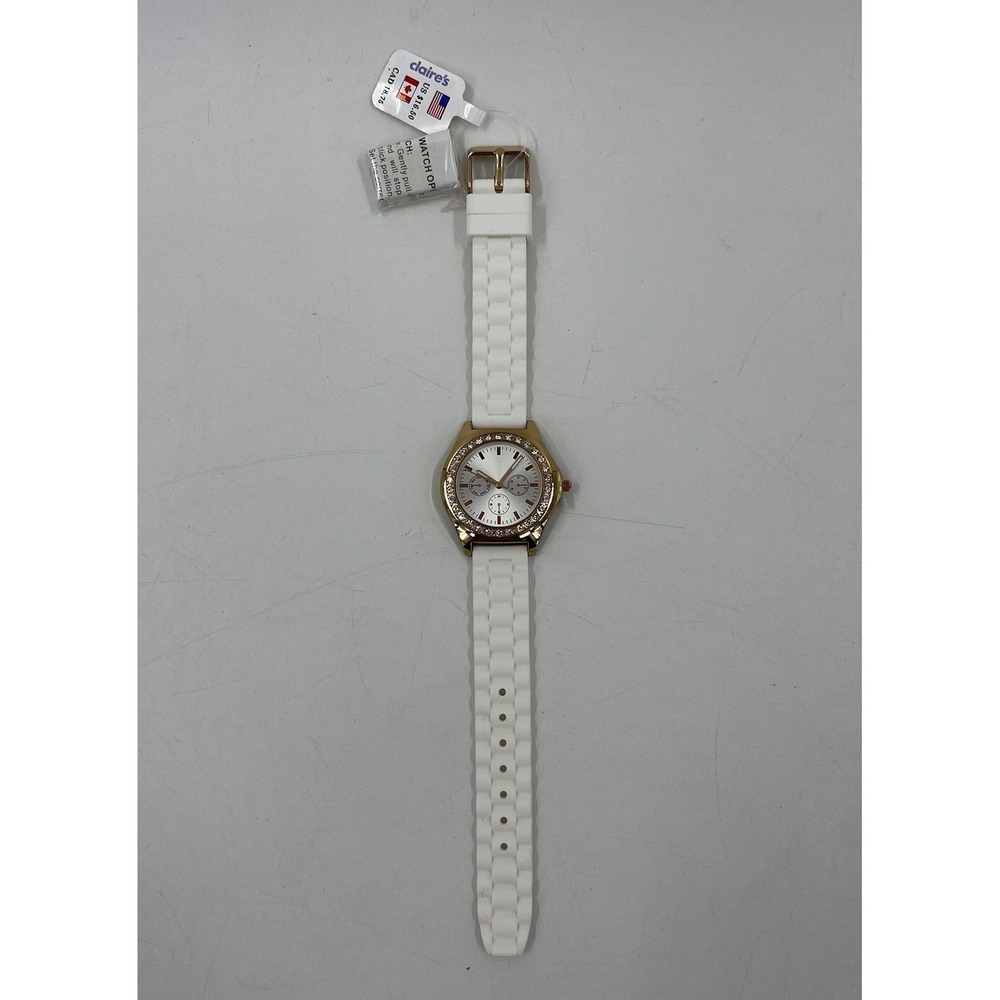 Claires Watch Womens‎ White Rose Gold Rubber Band Crystal Simulated Diamond New